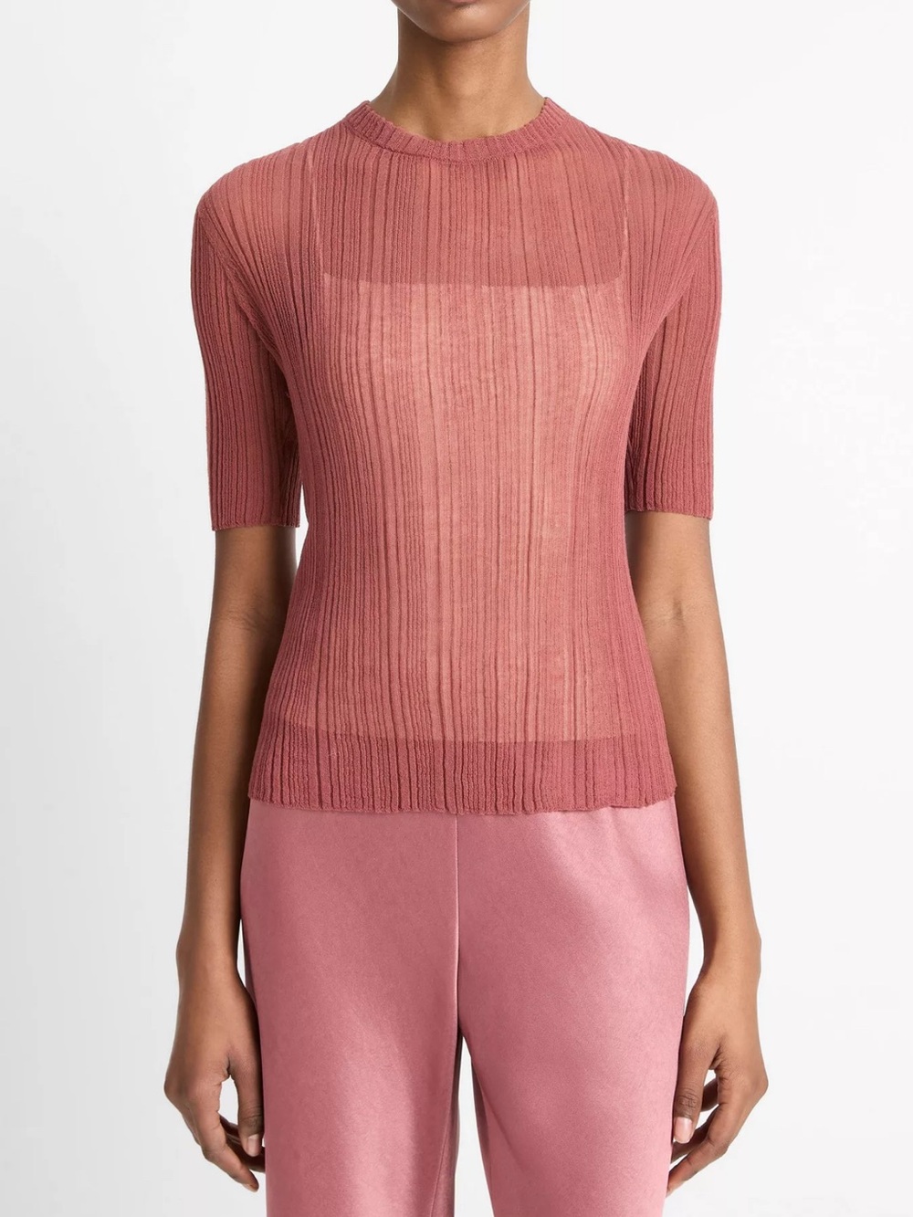Vince Double Layer Ribbed elbow sleeve Top in Dusty Rose Size Large